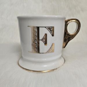 Anthropologie MCM Intial Monogram Gold Mug, Barber Shaving Ceramic Mug, E